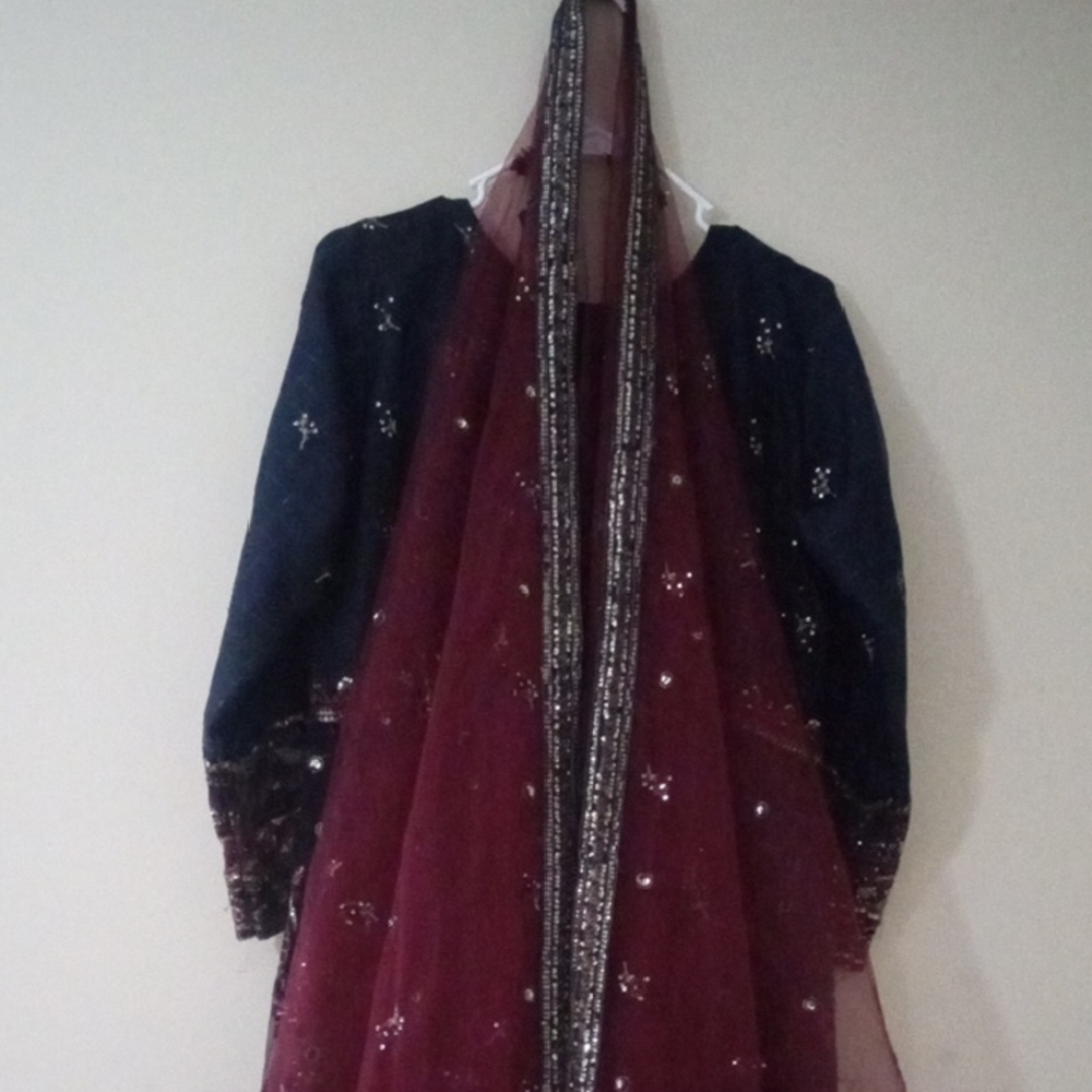 Elegant Maroon and Blue Pakistani Organza And Chiffon Embellished Outfit